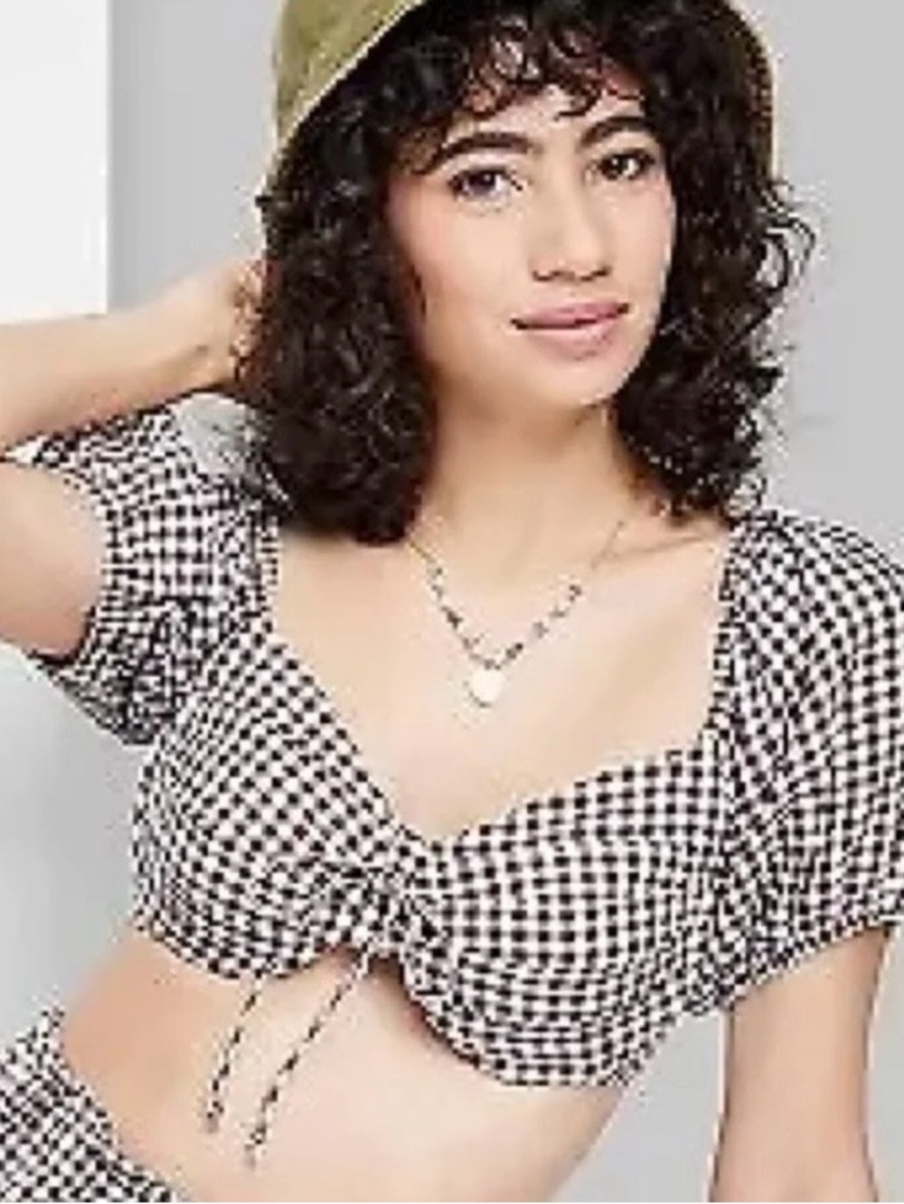 wild fable Black and White Gingham Puff-Sleeve Crop Top